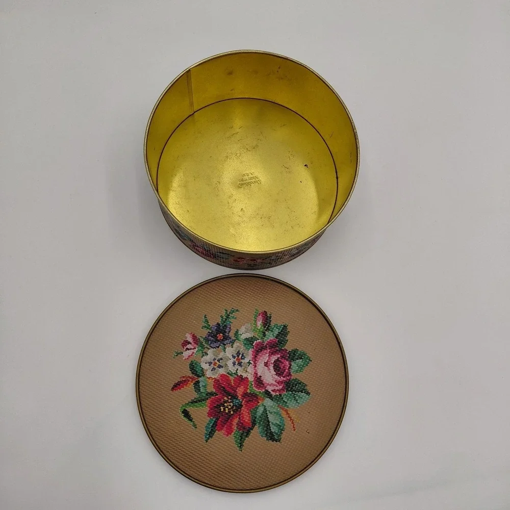 Vtg 80s Guildcraft Round Tin Cover Embossed Needlepoint Look Floral Cottage‎ USA